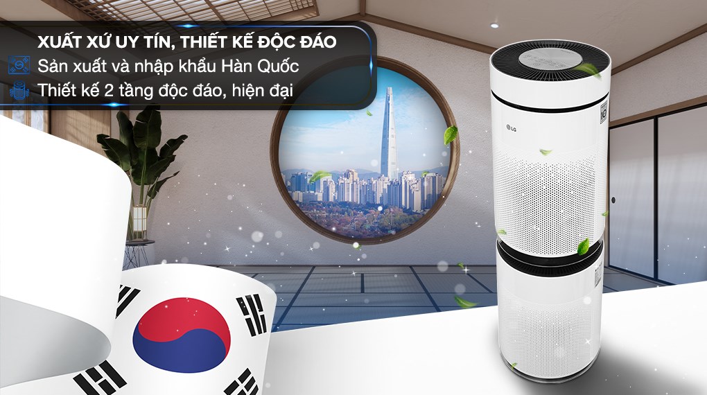 Máy Lọc Khí LG PuriCare 360 2 tầng AS10GDWH0 công nghệ Inverter tiết kiệm điện năng, hoạt động êm ái