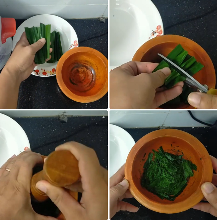 Cắt và giã lá dứa Cắt và giã lá dứa