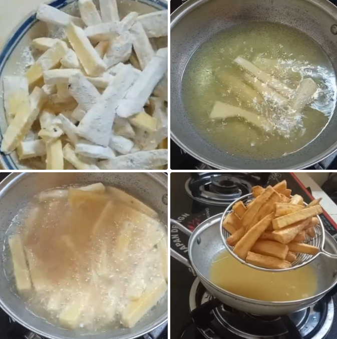 Lăn bột và chiên khoai lang Lăn bột và chiên khoai lang