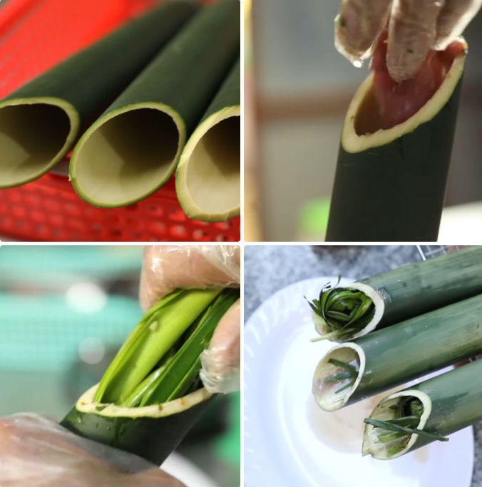 Dồn thịt vào ống tre