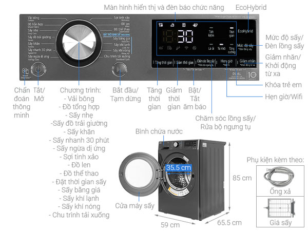 Cấu tạo, chú thích bảng điều khiển của máy sấy LG DVHP50B Cấu tạo, chú thích bảng điều khiển của máy sấy LG DVHP50B