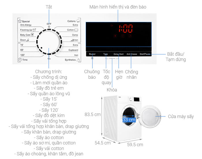 Bảng điều khển của máy sấy thông hơi Galanz 7kg DV-70T5C(W)