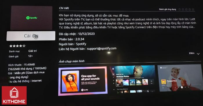 Bước 3: Chọn vào Cài đặt để tải Spotify về tivi LG. Bước 3: Chọn vào Cài đặt để tải Spotify về tivi LG.