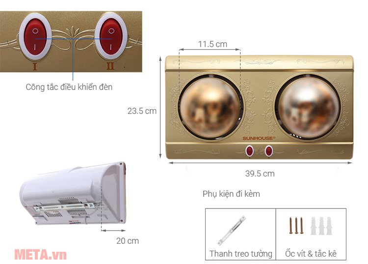 Đèn sưởi nhà tắm Sunhouse SHD3812 dùng điện 220V Đèn sưởi nhà tắm chính hãng