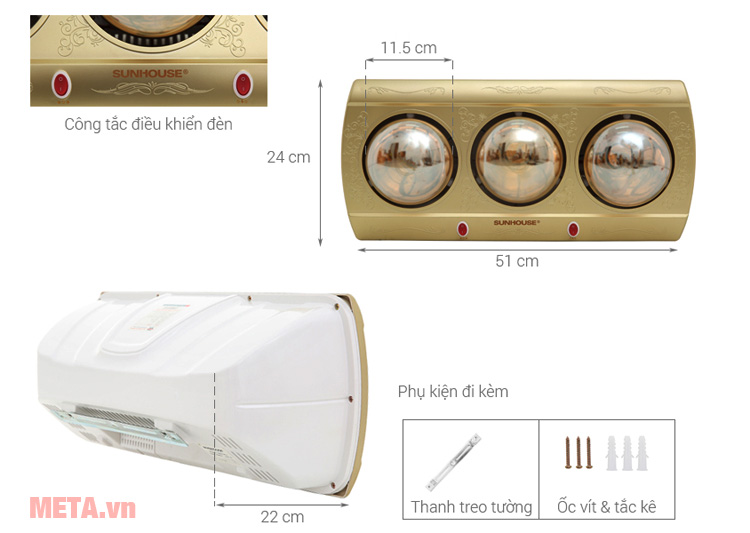 Kích thước đèn sưởi nhà tắm Sunhouse SHD3813