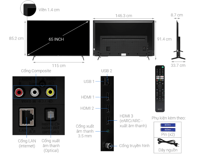 Cấu tạo của Google tivi Sony KD 65X75K Cấu tạo của Google tivi Sony KD 65X75K
