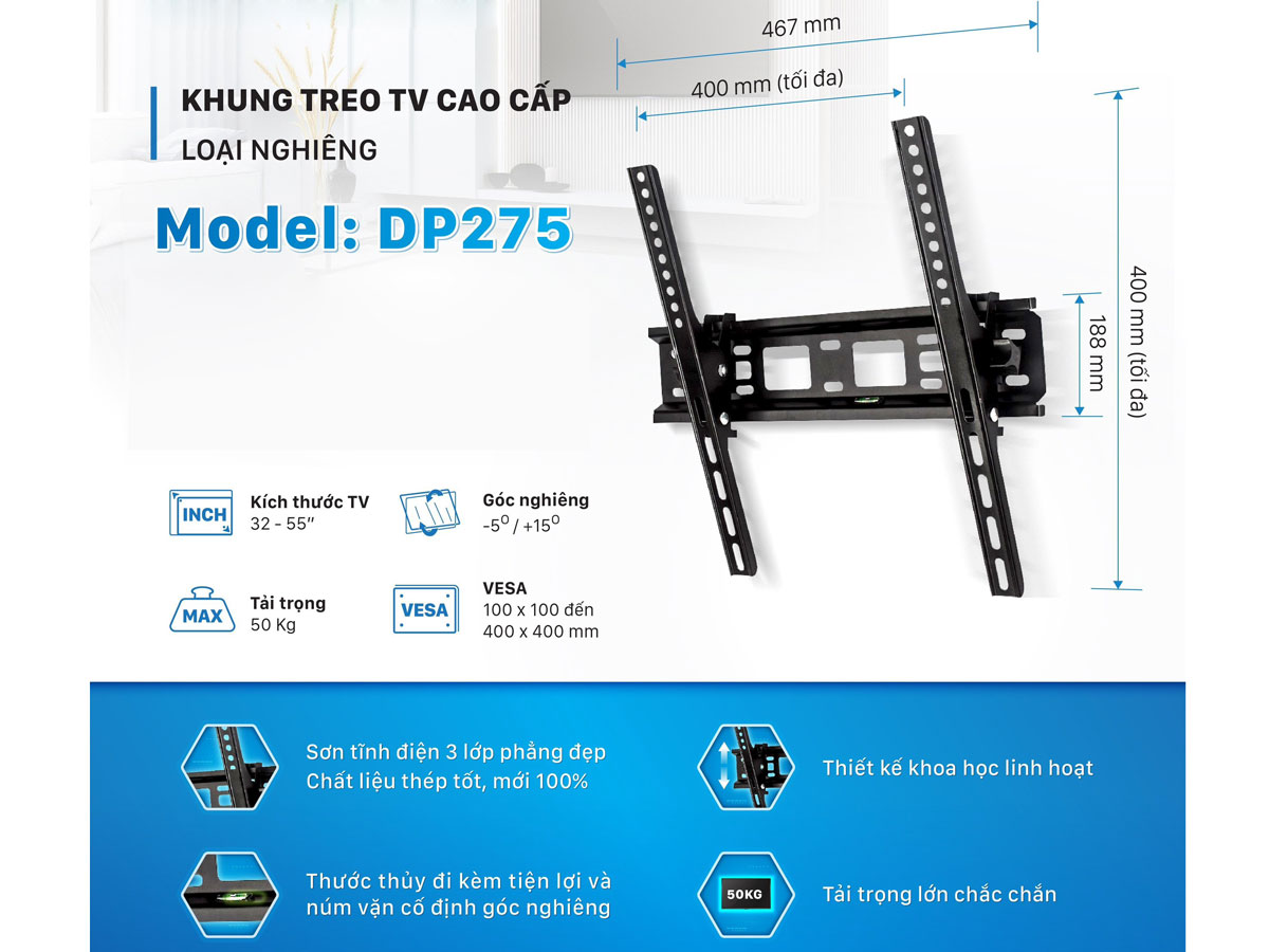 Khung treo tivi cao cấp loại nghiêng Đại Việt DP275 Khung treo tivi cao cấp loại nghiêng Đại Việt DP275