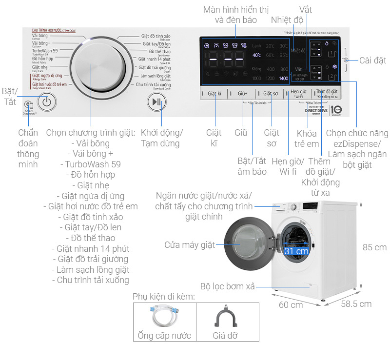 Cấu tạo máy giặt LG FV1411S4WA Tải app AX88 ngay để nhận thưởng khủng lồng ngang AI LG inverter 11kg FV1411S4WA