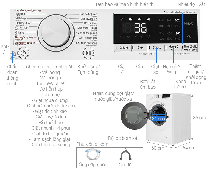 Tổng quan máy giặt lồng ngang LG AI DD Inverter 13kg màu trắng FV1413S4W Tải app AX88 ngay để nhận thưởng khủng LG AI DD Inverter 13kg màu trắng FV1413S4W