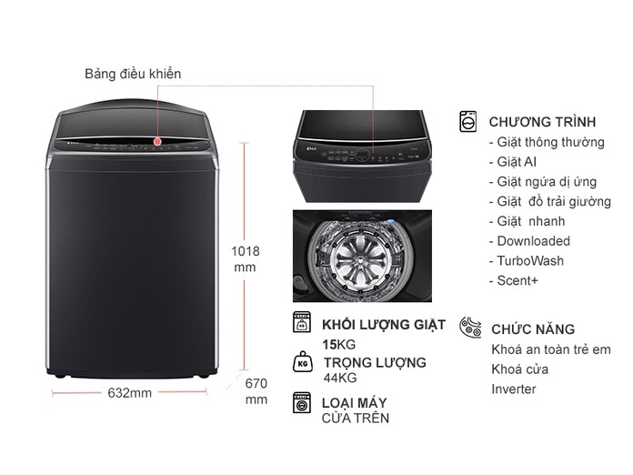 Tổng quan máy giặt LG AI DD Inverter TV2515DV5J 15kg