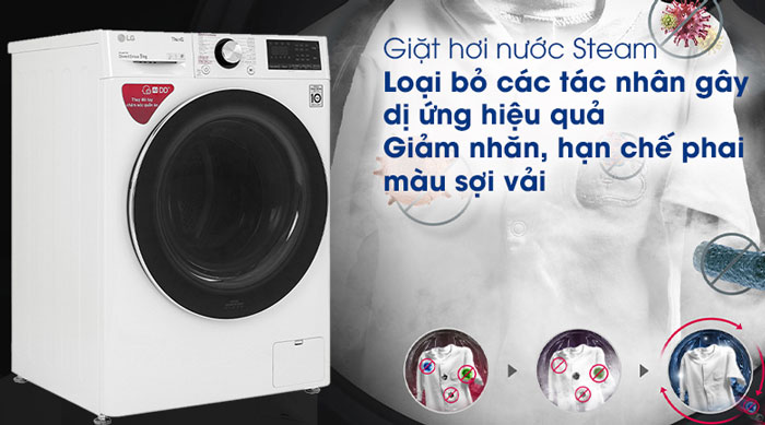 máy giặt cửa trước LG Inverter 9kg FV1409S2W sử dụng công nghệ giặt hơi nước Tải app AX88 ngay để nhận thưởng khủng lồng ngang LG Inverter 9kg FV1409S2W