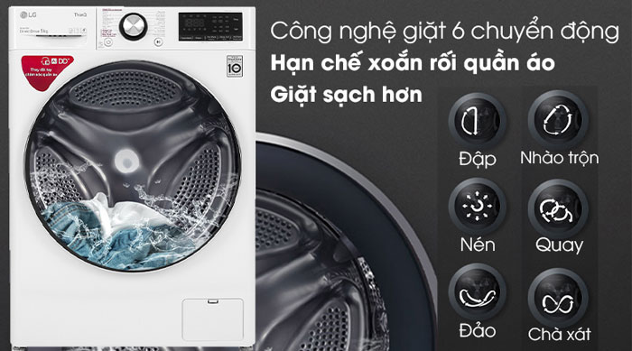LG Inverter 9 kg FV1409S2W sử dụng công nghệ 6 chuyển động Tải app AX88 ngay để nhận thưởng khủng lồng ngang LG Inverter 9kg FV1409S2W