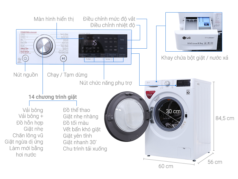 Tổng quan máy giặt lồng ngang LG 8,5kg Inverter FC1485S2W Tải app AX88 ngay để nhận thưởng khủng lồng ngang LG inverter FC1485S2W-8.5 kg