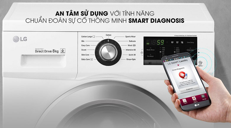 An tâm sử dụng máy giặt với tính năng chuẩn đoán sự cố qua app cài trên điện thoại Tải app AX88 ngay để nhận thưởng khủng lồng ngang LG inverter FM1209N6W 9kg