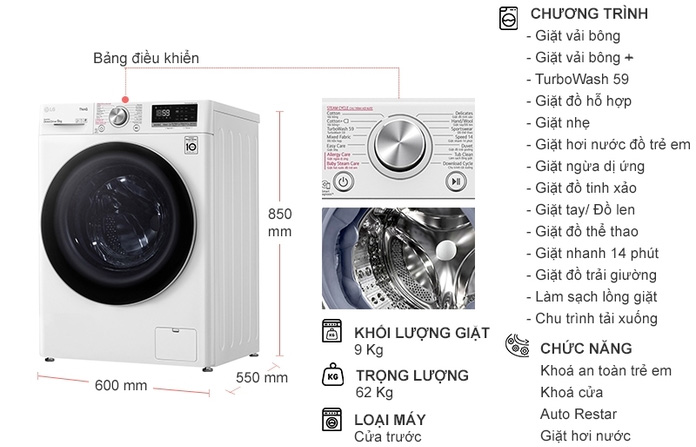 Chi tiết máy giặt LG FV1409S3W Tải app AX88 ngay để nhận thưởng khủng thông minh LG Direct Drive 9kg FV1409S3W