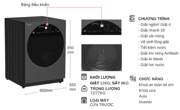 Cấu tạo máy giặt sấy Hitachi Inverter BD-D120XGV Tải app AX88 ngay để nhận thưởng khủng sấy Hitachi Inverter BD-D120XGV
