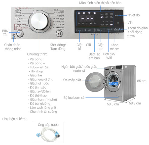 Cấu tạo của máy giặt LG Inverter 11kg FV1411S4P Tải app AX88 ngay để nhận thưởng khủng thông minh AI LG Inverter 11kg FV1411S4P