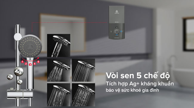 Ariston Aures Premium + 4.5P còn được tích hợp vòi sen có 5 chế độ phun Ariston Aures Premium + 4.5P còn được tích hợp vòi sen có 5 chế độ phun