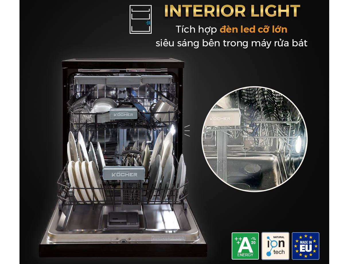 KDEU-8855S7 có đèn led chiếu sáng Máy rửa bát Kocher KDEU-8855S7 Serie 7