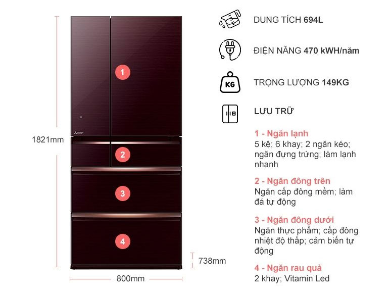 Cấu tạo của tủ lạnh Mitsubishi Electric Inverter MR-WX70C-BR-V MR-WX70C-BR-V