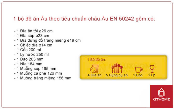 1 bộ đồ ăn theo tiêu chuẩn chung của thế giới