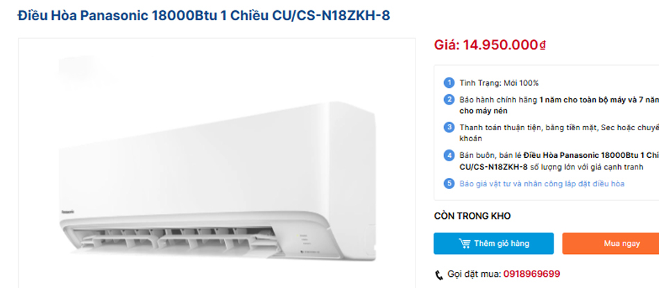 Giá bán điều hòa Panasonic CU/CS-N18ZKH-8 hợp lý với chất lượng vượt trội Giá bán điều hòa Panasonic CU/CS-N18ZKH-8 hợp lý với chất lượng vượt trội