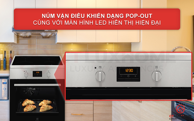 bang-dieu-khien-pop-out-lo-nuong-electrolux-lki640200x Dễ dàng chọn chức năng với núm tay xoay Pop-out và màn hình LED hiển thị hiện đại