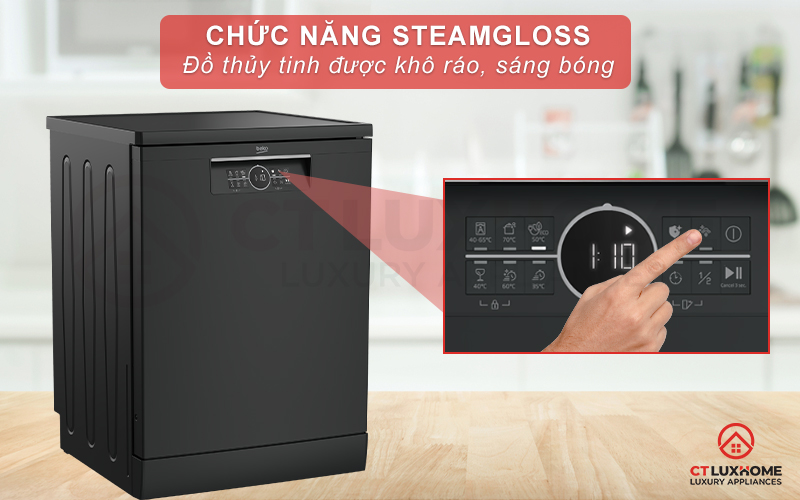 steamgloss-3 MÁY RỬA CHÉN ĐỘC LẬP BEKO BDFN26430A MÀU ĐEN 14 BỘ SẤY HÉ CỬA 5