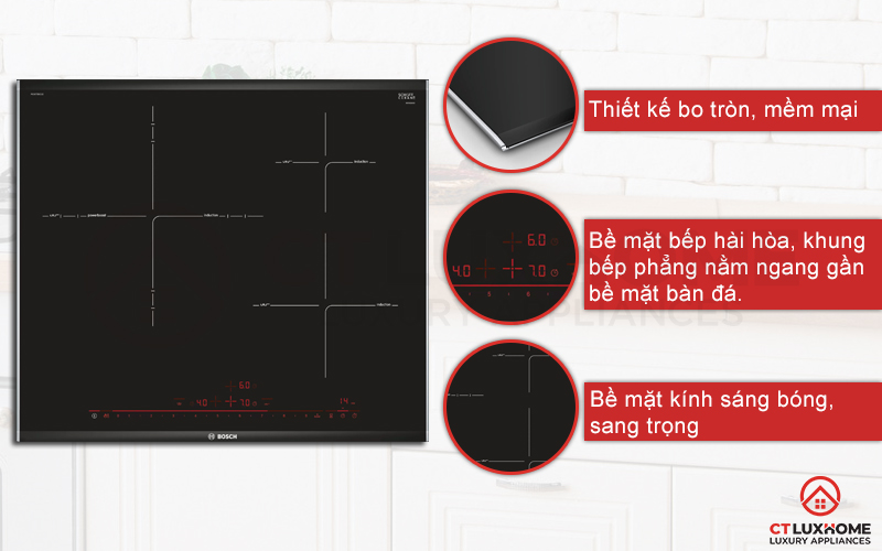 thiet-ke-bosch-pid675dc1e Bếp từ Bosch PID675DC1E được thiết kế viền nhôm chắc chắn, bề mặt bếp hài hòa.