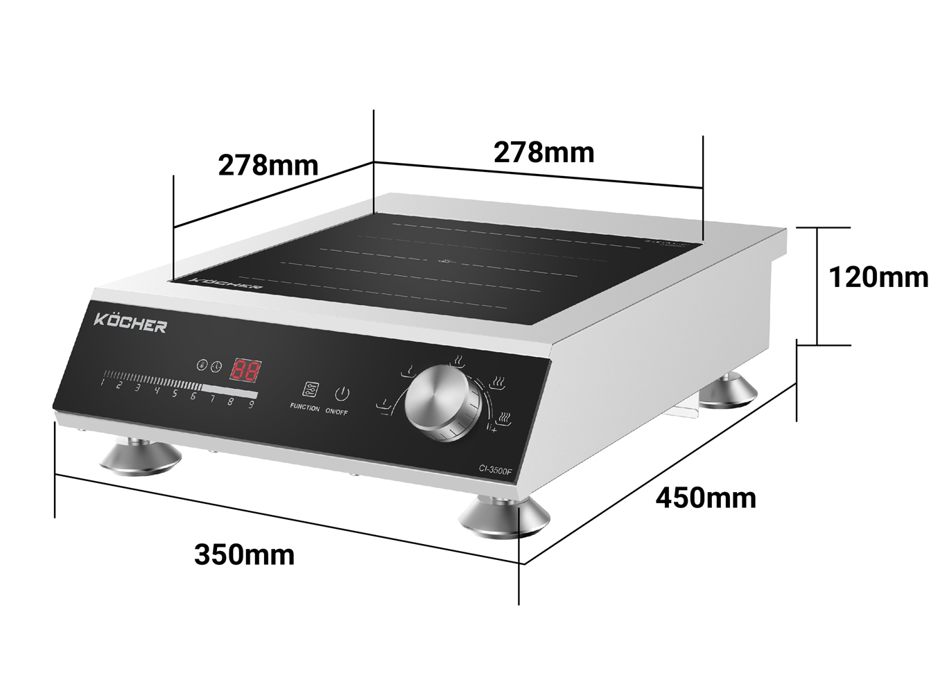 kich-thuoc-bep-tu-cong-nghiep-kocher-ci-3500f Bếp từ công nghiệp Kocher CI-3500F