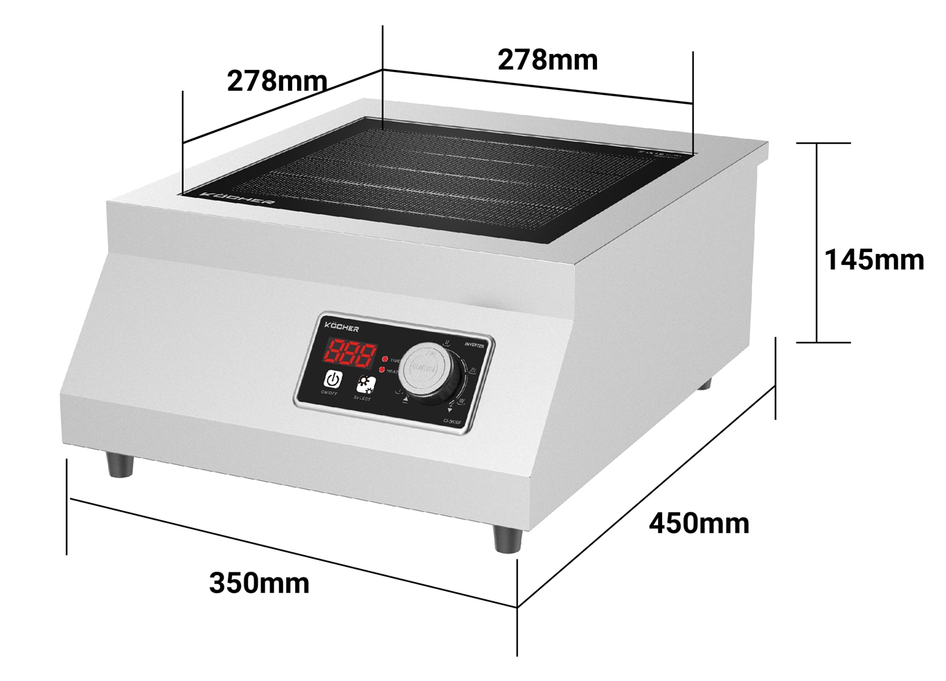 kich-thuoc-bep-tu-cong-nghiep-kocher-ci-3600f Bếp từ công nghiệp Kocher CI-3600F