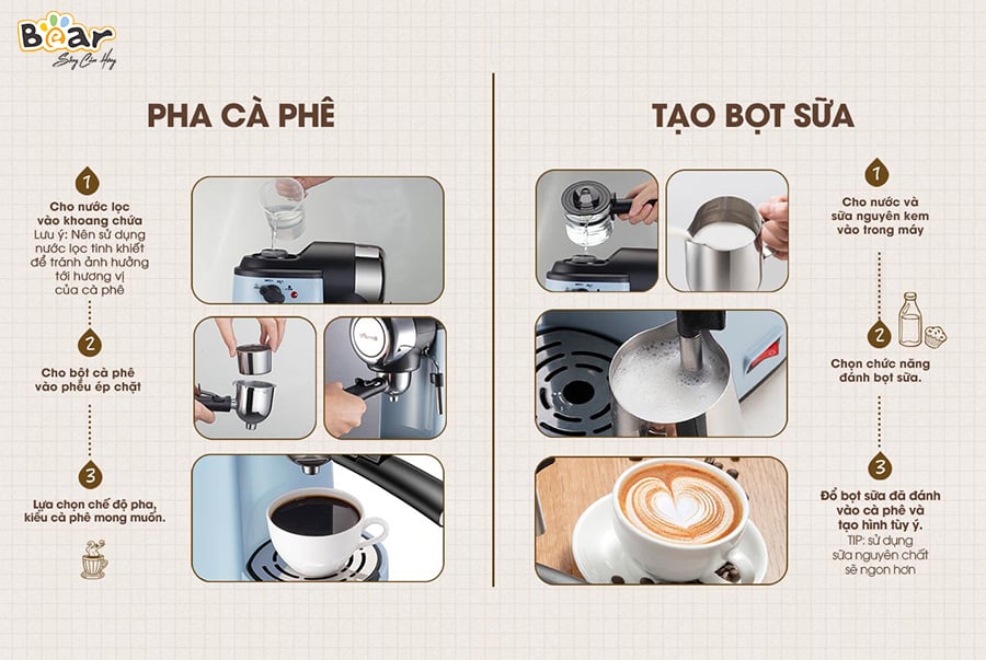 Cách pha cà phê và tạo bọt sữa Máy pha cà phê Bear