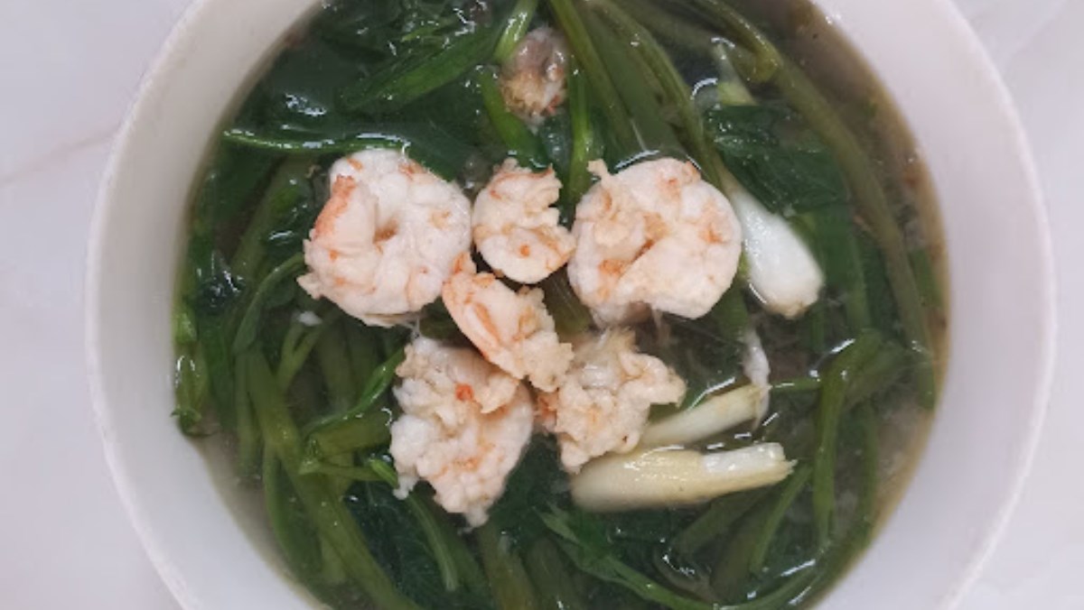 Canh rau muống nấu tôm tươi, canh rau muống nấu tôm khô Canh rau muống nấu tôm tươi, canh rau muống nấu tôm khô