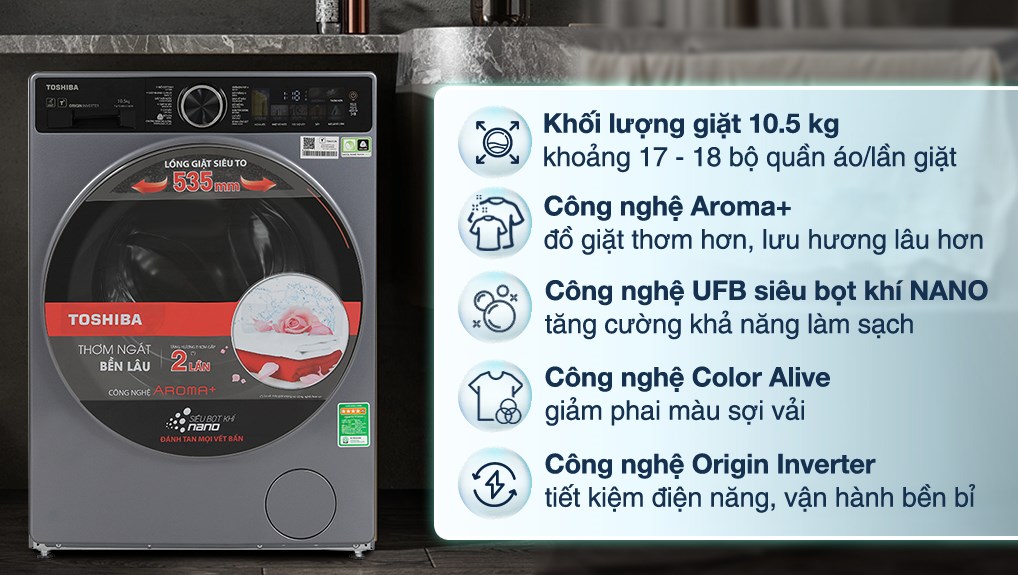 Công nghệ CycloneMix trên Tải app AX88 ngay để nhận thưởng khủng Toshiba Inverter 10.5 kg TW-T25BU115MWV(MG) có khả năng đánh tan bột giặt nhanh chóng, giặt sạch hiệu quả và tránh bám cặn