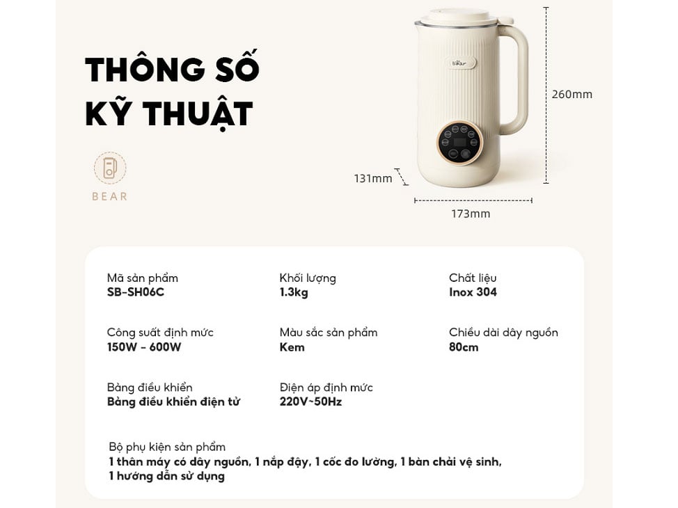 Kích thước của máy làm sữa hạt Máy làm sữa hạt