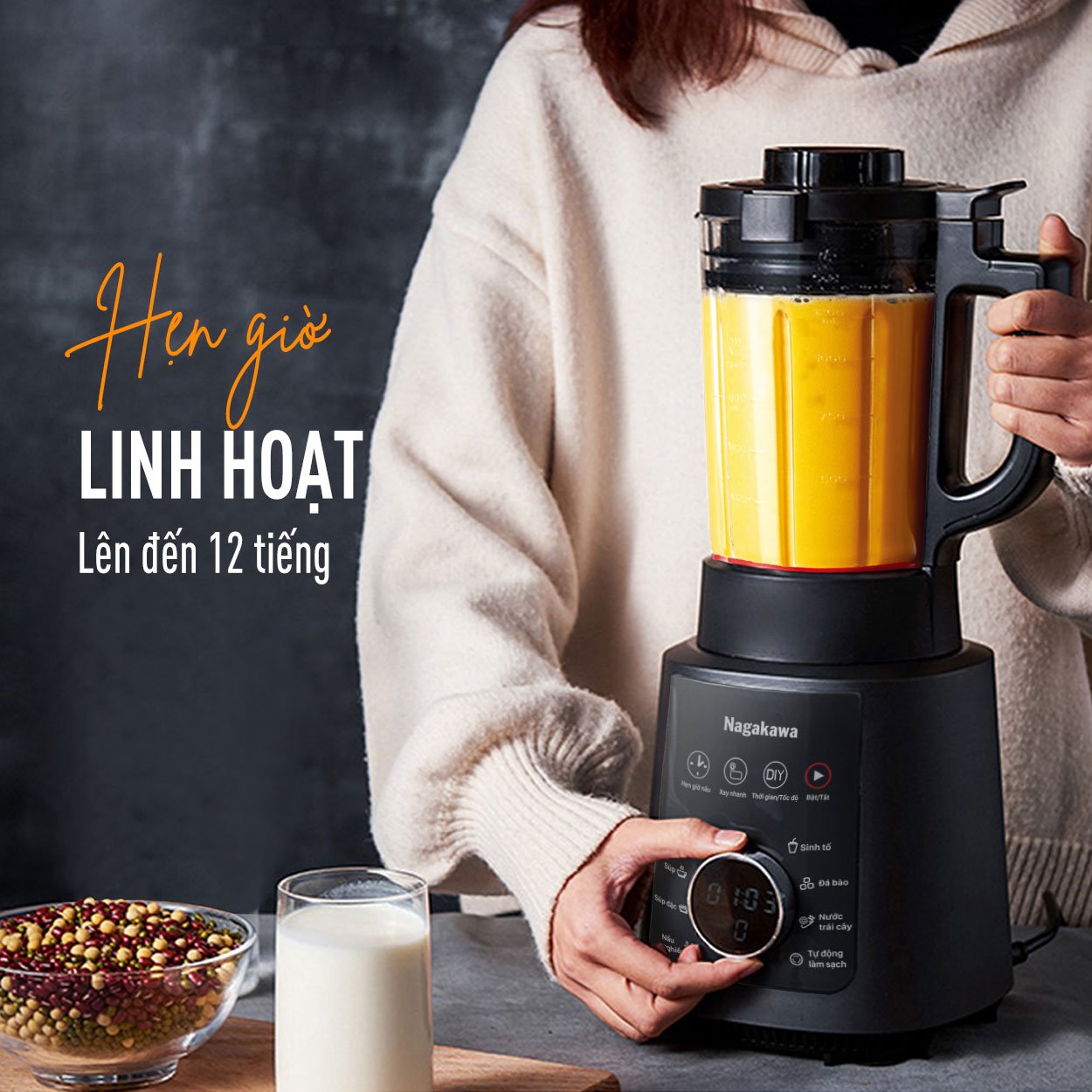 Máy hẹn giờ linh hoạt lên đến 12 giờ Máy làm sữa hạt Nagakawa