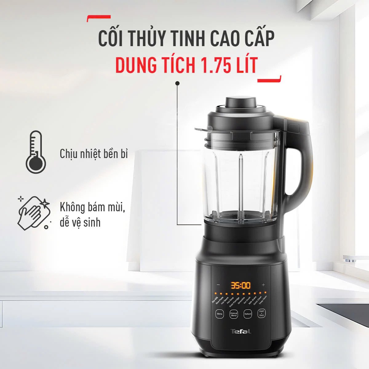 Cối thủy tinh cao cấp, dung tích lớn Máy xay sinh tố sữa hạt Tefal BL511868