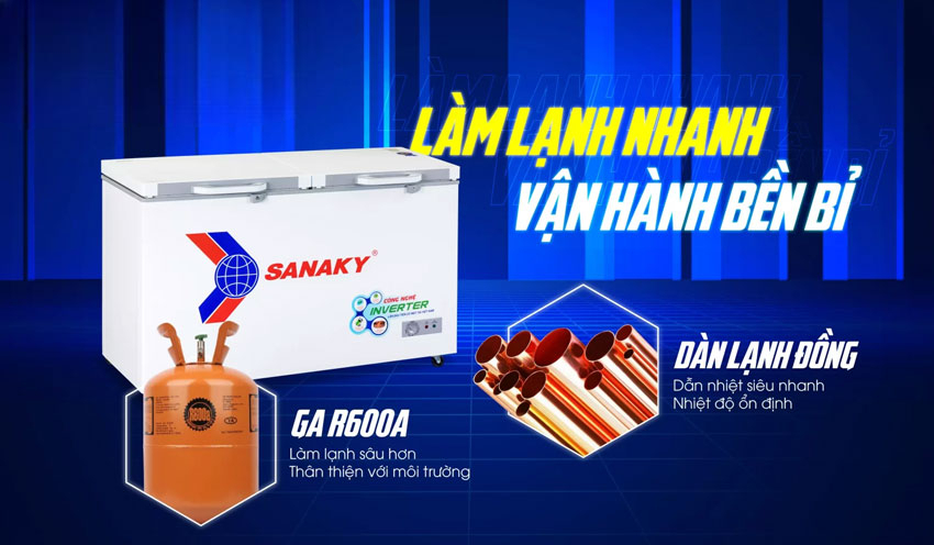 Tủ đông Sanaky Inverter VH-5699HY4K sử dụng dàn lạnh bằng đồng nguyên chất 100%