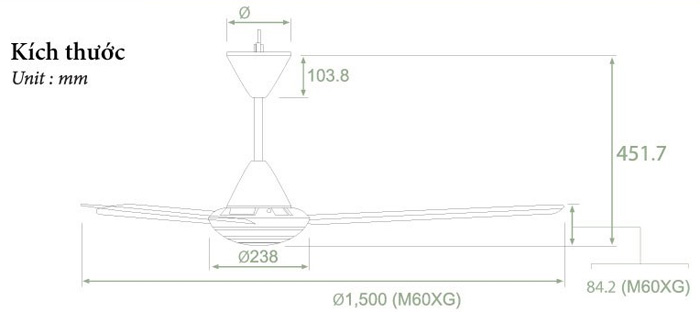 Kích thước quạt trần M60XG Kích thước quạt trần M60XG