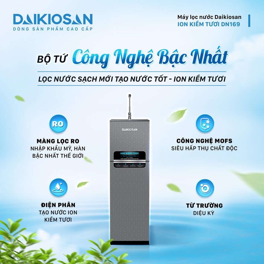 Máy lọc nước ion kiềm tươi Daikiosan DN169 sử dụng 4 công nghệ lọc hiện đại Máy lọc nước ion kiềm tươi Daikiosan DN169 sử dụng 4 công nghệ lọc hiện đại