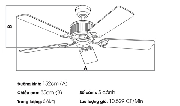 Sơ đồ kích thước quạt trần Kaiyo OKA-181 Kaiyo OKA-181
