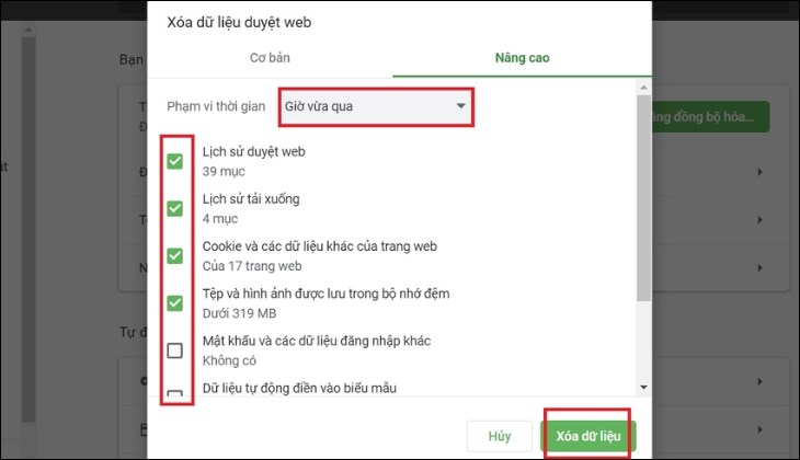 Bạn có thể chọn tab Nâng cao để lựa chọn chi tiết hơn