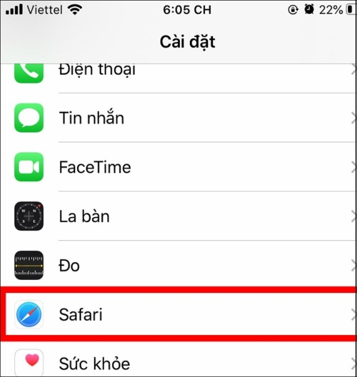 Tại tiện ích Cài đặt, chọn vào ứng dụng Safari