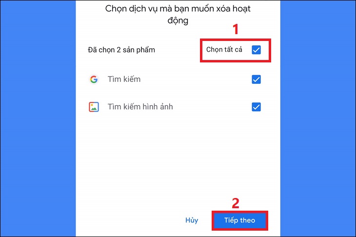 Bạn lựa chọn những mục muốn xóa. Sau đó chọn Tiếp theo