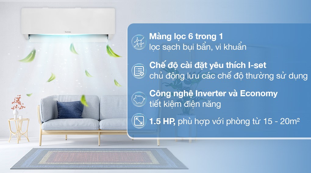 Máy lạnh Nagakawa Inverter 1.5 HP NIS-C12R2T28 phù hợp với Ax88 one giaitri tructuyen phòng có diện tích từ 15 - 20m² (từ 40 đến 60 m³).