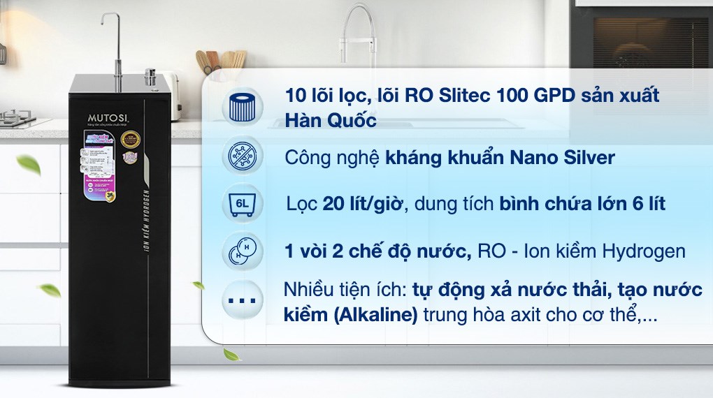 Máy lọc nước RO Hydrogen ion kiềm Mutosi MP-S1001H 10 lõi Máy lọc nước RO Hydrogen ion kiềm Mutosi MP-S1001H 10 lõi được trang bị 1 vòi lấy được 2 loại nước: nước tinh khiết - nước Ion Kiềm Hydrogen