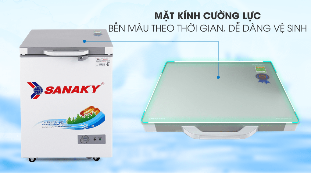 Tủ đông Sanaky 100 lít VH-1599HYK có mặt trên cửa tủ làm bằng kính cường lực Tủ đông Sanaky 100 lít VH-1599HYK có mặt trên cửa tủ làm bằng kính cường lực