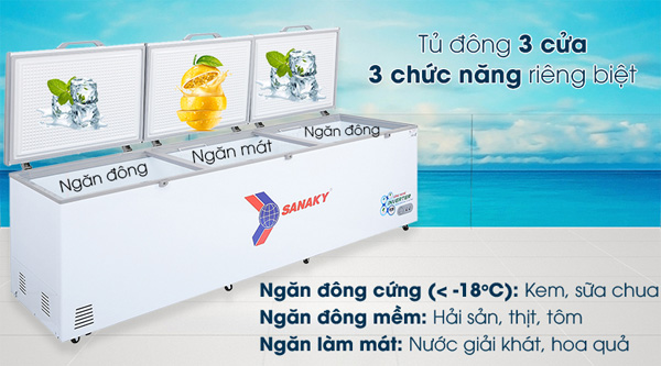Tủ đông Inverter Sanaky VH 1399HY3 có 3 cửa 3 chức năng riêng biệt Tủ đông Inverter Sanaky VH 1399HY3 có 3 cửa 3 chức năng riêng biệt