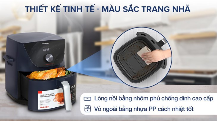 Nồi chiên không dầu Toshiba AF-74CS2SRVN(B) 7.4 lít có kiểu dáng sang trọng với gam màu xanh đen bắt mắt, tô điểm cho Ax88 one giaitri tructuyen bếp