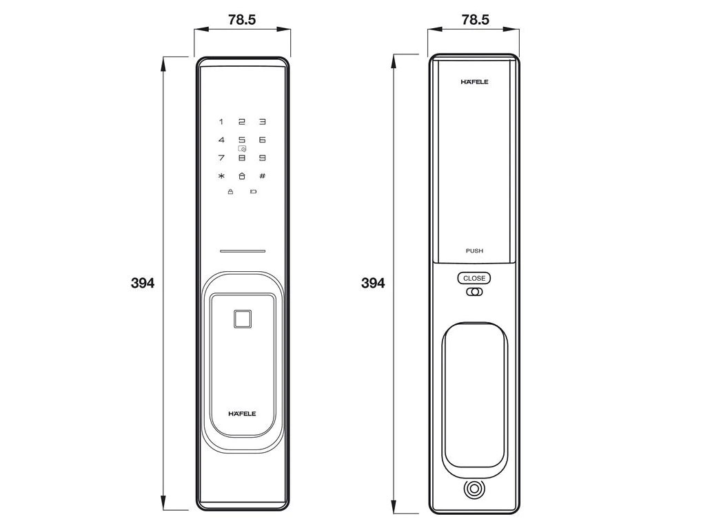 Kích thước khóa điện tử Hafele PP8100 BLE 912.20.286 Khóa điện tử Hafele PP8100 BLE 912.20.286